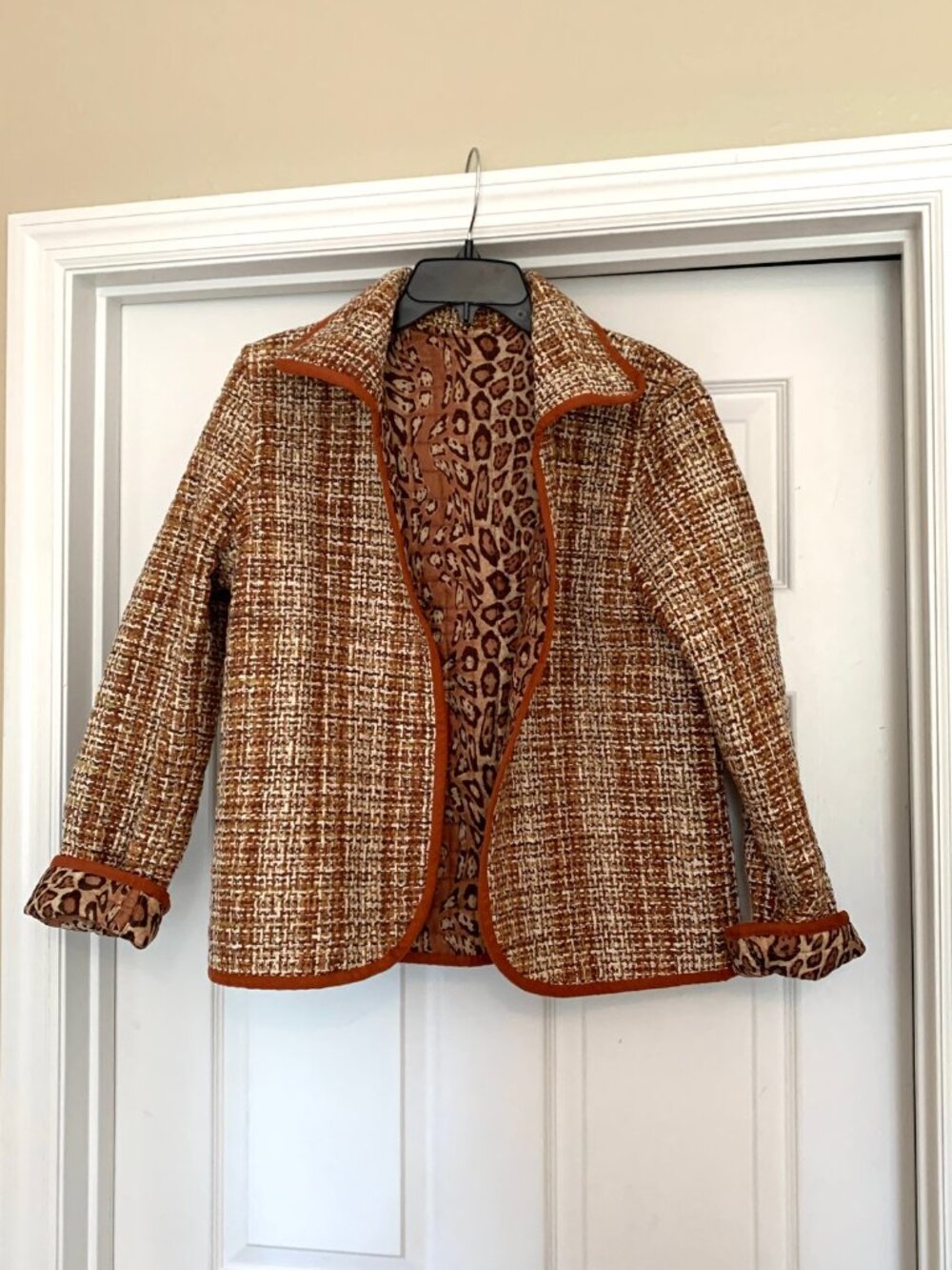 Reversible Open Front Blazer Jacket - Orange Brown Multi Tweed & Quilted Leopard